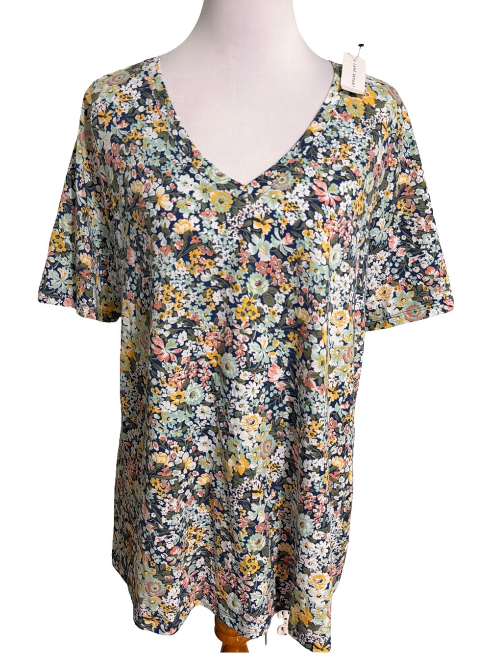 Lane Bryant Navy Floral V-Neck Short Sleeve Top